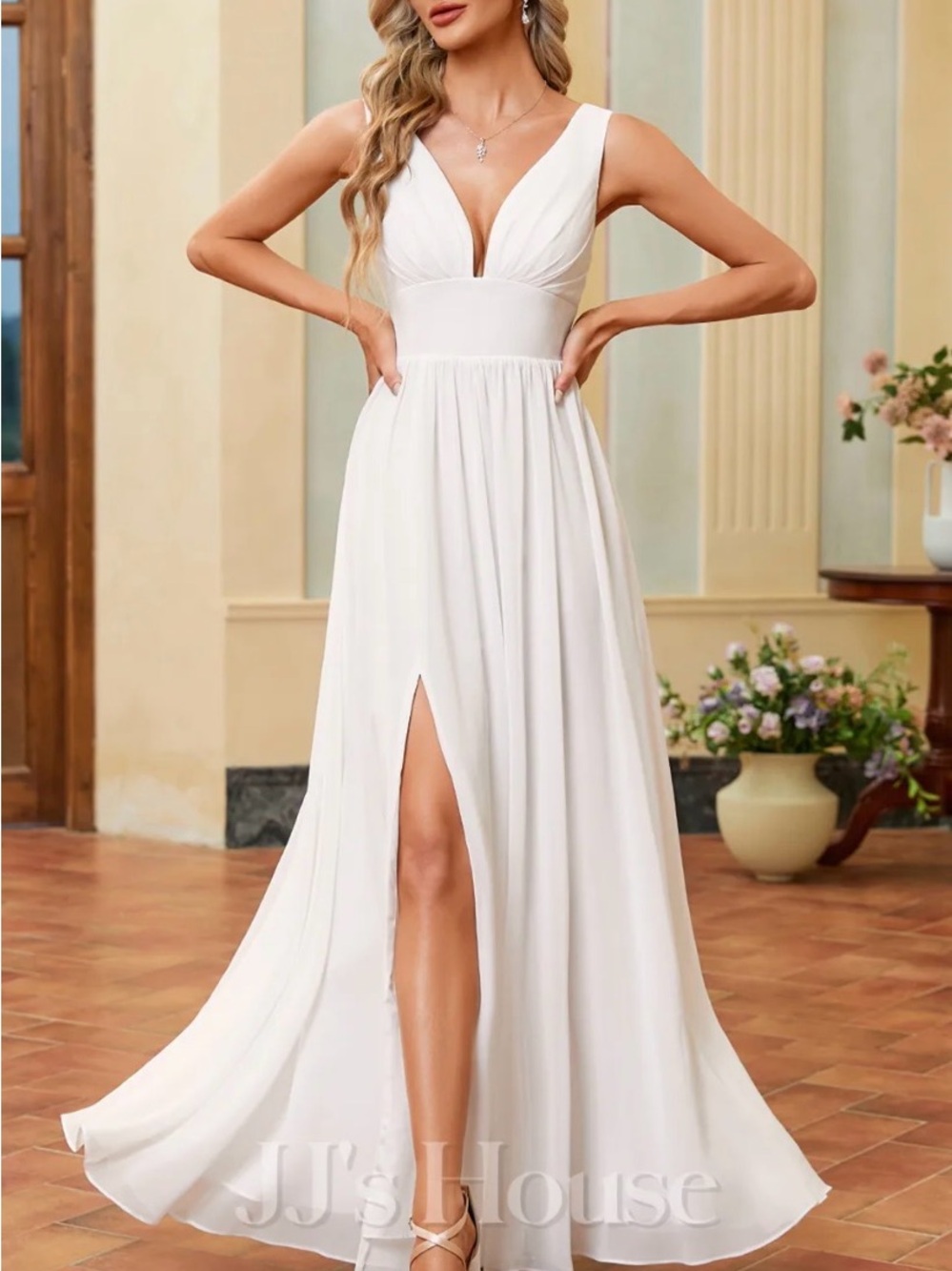 NWT JJs House White V-Neck A-Line Bridal Gown with Front Slit